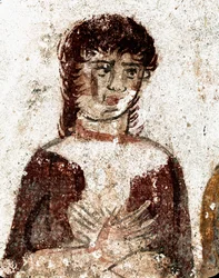 Porträt einer Frau. Lukanisches Fresko aus dem 4. Jahrhundert v. Chr., aus dem Grab des Reiters, Fundstätte Paestum, Italien. Museo Archeologico Nazionale, Paestum