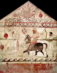 Die Rückkehr des siegreichen Kriegers. Lukanisches Fresko aus dem 4. Jahrhundert v. Chr., aus Grab 86 in der Nekropole von Andriuolo in Paestum, Italien. Museo Nazionale Archeologico, Paestum
