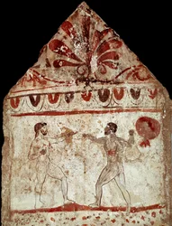 Zwei Athleten beim Faustkampf (Boxen). Lukanisches Fresko aus dem 4. Jahrhundert v. Chr., aus der Nekropole von Paestum, Italien. Museo Archeologico Nazionale, Paestum