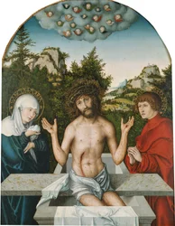 Pfirtscher Altar: Christus als Schmerzensmann, sitzend auf einem Sarkophag zwischen der Jungfrau und St. Johannes [Mittelteil]