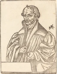 Philip Melanchton, Halbfigur nach links, hinter einer Brustwehr stehend