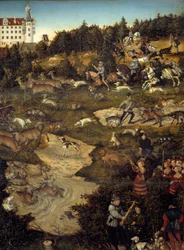 Jagd zu Ehren von Karl V. auf Schloss Torgau (Deutschland) (Detail). Gemälde von Lucas Cranach (1472-1553)