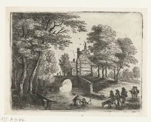 Landschaft mit einem Fluss, einer Brücke und Reitern Kleine Landschaften (Serientitel)
