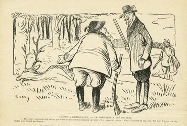 Illustration in Le Rire, 05/12/08 - Jagd in Rambouillet - Natur Vegetation, Jagd Jäger, Präsident der Republik, Rambouillet - Clemenceau Georges, Fallieres Armand (1841-1931), Hirsch