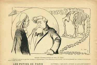 Illustration in Le Rire, 27/06/08 - Missachtung des Staatsoberhauptes - Präsident der Republik, Dinosaurier, Paläontologie - Fallieres Armand (1841-1931), Dinosaurier, Diplodocus (Gravur)