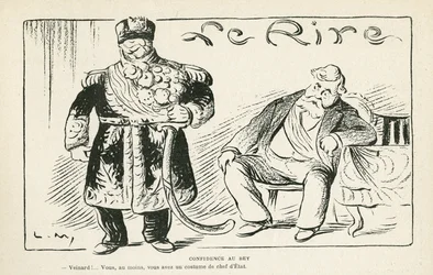 Illustration in Le Rire, 27/07/12 - Vertrauen in den Bey - Kolonisation - Fallieres Armand (1813-1941), Naceur Bey (Mohamed el-Naceur Bey) (1855-1922) (Gravur)