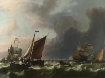 Niederländische Kriegsschiffe und kleine Boote bei frischer Brise vor Enkhuizen