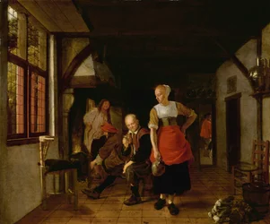 Eine Magd mit einem Krug und drei Männer am Feuer