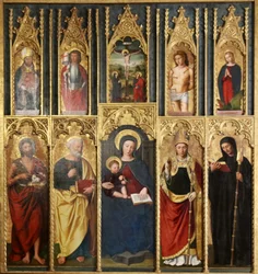 Retabel, 10 Tafeln: Madonna mit Kind zwischen Johannes dem Täufer und Petrus, Ein Bischof und Abt, Christus am Kreuz zwischen Johannes und der Madonna, Heiliger Martin und Heiliger Viktor, Heiliger Sebastian und Heilige Margarete