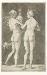 Zwei nackte Frauen mit Schädel und Sanduhr