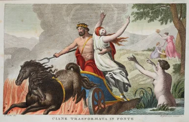 Cyane und der Raub der Proserpina oder Ciane Transformata in Fonte, Buch V, Illustration aus Ovids Metamorphosen, Florenz, 1832