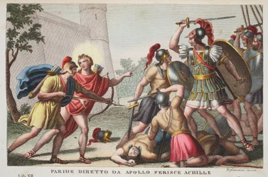 Paris verwundet, von Apollo gelenkt, Achilles, Buch XIII, Illustration aus Ovids „Metamorphosen“, Florenz, 1832