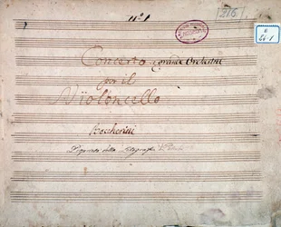 Erste Seite, signiert vom Autor der Partitur des Konzerts für Cello und Orchester in Es-Dur, von Luigi Boccherini