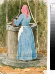 Frau des Volkes schöpft Wasser aus dem Brunnen