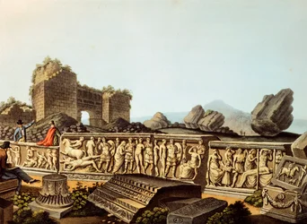 Türkei, Ephesus, Europäische Besucher betrachten Marmorreliefs, von Luigi Mayer, Gravur