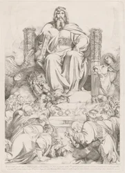 Und siehe, ein Thron stand im Himmel... (Gott der Sohn in Majestät auf dem Thron, umgeben von den vier Kreaturen und angebetet von den vierundzwanzig Ältesten)