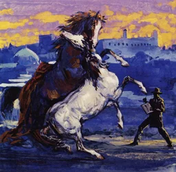 Delacroix sah zwei wilde Hengste kämpfen und skizzierte die Szene, ohne auf das Risiko zu achten