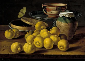 Stillleben mit Limetten, Marmeladentopf und Schmetterling