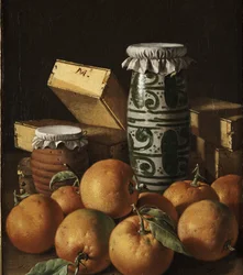 Stillleben mit Orangen, Gläsern und Süßigkeiten