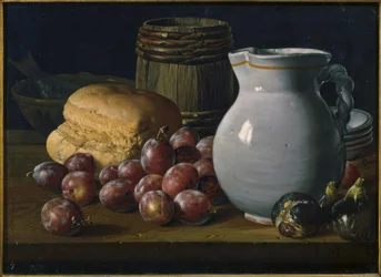 Stillleben mit Pflaumen, Feigen, Brot, Fässchen, Krug und anderen Gefäßen