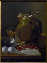 Stillleben mit Schinken, Eiern und Gefäßen
