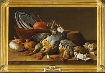 Stillleben mit zwei Rebhühnern, Zwiebeln und Küchenutensilien