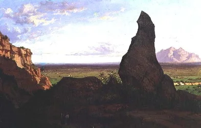 Landschaft mit markantem Felsen