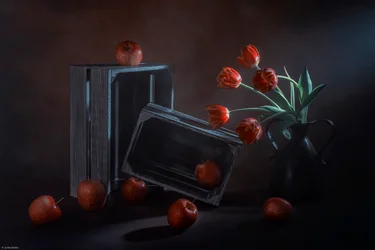 Dunkles Blumen- und Früchtestillleben