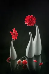 Rote Dahlien und Vasen