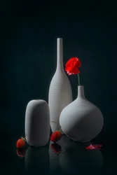 Roter Mohn und weiße Vasen