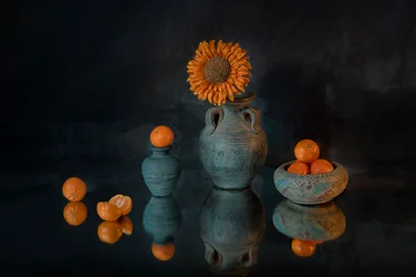 Leuchtende Sonnenblume und Mandarinen
