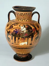 Schwarzfigurige Amphore, die Dionysos und Ariadne beim Bankett zeigt, Griechisch, 530-520 v. Chr. (Ton)