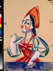 Kostümentwurf für eine weibliche Figur im Theaterstück Vom Pope und seinem Knecht Balda von Alexander Puschkin