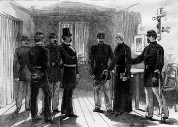 Deportation der Jesuiten aus der Rue de Sèvres in Paris nach den Dekreten vom März 1880, die das Recht auf Unterricht für Mitglieder nicht autorisierter religiöser Kongregationen aufheben: ein Jesuitenpater wird in seiner Zelle festgenommen. 30. Juni 1880.