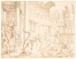 Josias befiehlt, die Steinfiguren von Astarte, Kemosch und Milkom zu zerstören und zu zerschlagen