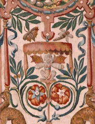 Diözesanmuseum. Flämischer Wandteppich. Brüssel. Werkstatt François Geubels. Serie Geschichte Gideons. Die Israeliten übergeben Gideon ihren Anteil an der Beute. Seide und Wolle. Vermächtnis des Bischofs.