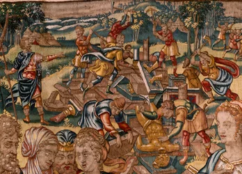 Diözesanmuseum (Museo Diocesano). Flämischer Wandteppich. Brüssel. Atelier François Geubels. Serie Geschichte von Gideon. Joash wird informiert, dass Gideon den Altar des Baal zerstört hat. Seide und Wolle. Vermächtnis von Bischof Vicente Roca de la Serna.