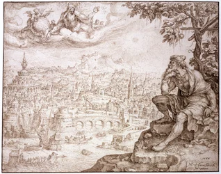Jona, sitzend unter dem Kürbis, betrachtet die Stadt Ninive, 1566