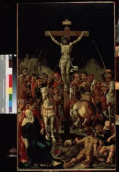 "Der Kalvarienberg" Die Kreuzigung. Inschrift "INRI" auf dem Kreuz. Zentrales Panel eines Triptychons. Gemälde von Maarten van Heemskerck (Maerten Heemskerk van Veen) (Marten, Martin) (1498-1574) 1545-1550