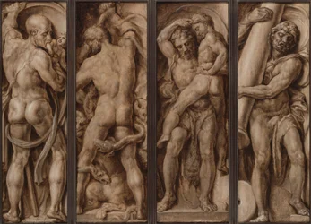 Saturn verschlingt ein Kind; Herkules tötet die Hydra; Herkules hebt Antäus; Herkules errichtet die Säulen von Calpe und Abyla