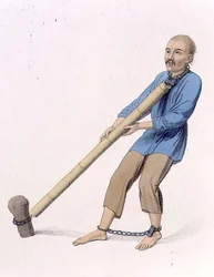 Bestrafung mit dem Holzrohr, Tafel 16 aus „The Punishments of China“, gestochen von J. Dadley