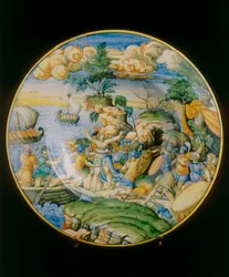 Die Vergewaltigung Helenas, Marcantonio Raimondi zugeschriebener Teller, aufbewahrt im Museo Nazionale del Bargello in Florenz