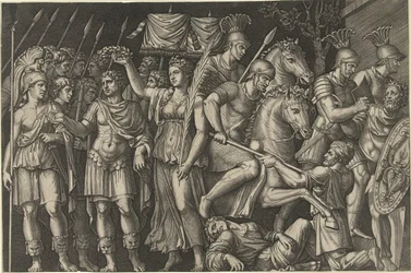 Kaiser Trajan von Victoria gekrönt, steht neben weiblicher Personifikation von Rom und Römer im Kampf mit Daciern
