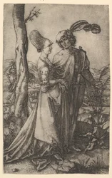 Herr und Dame spazieren mit der Figur des Todes, die sich hinter einem Baum versteckt und eine Sanduhr hält, ca. 1500-1534