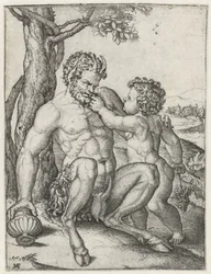 Pan mit Trinkbecher und Bacchus als Kind mit Trauben