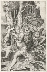 Satyr beobachtet eine Nymphe bei ihrer Toilette