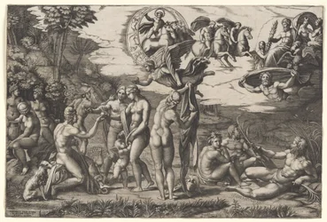 Das Urteil des Paris: Er sitzt links mit Venus, Juno und Pallas Athene, ein geflügelter Sieg darüber, um 1510-20