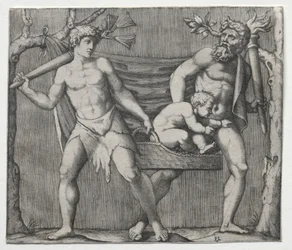 Zwei Faune tragen ein Kind in einem Korb, um 1513-1515