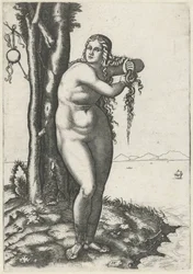 Venus steht am Wasser und wringt Wasser aus ihrem Haar