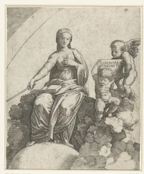 Frau mit Buch und Zepter als Personifikation der Philosophie, sitzend auf Wolken und die Füße ruhend auf einer Kugel, neben ihr zwei Putti
